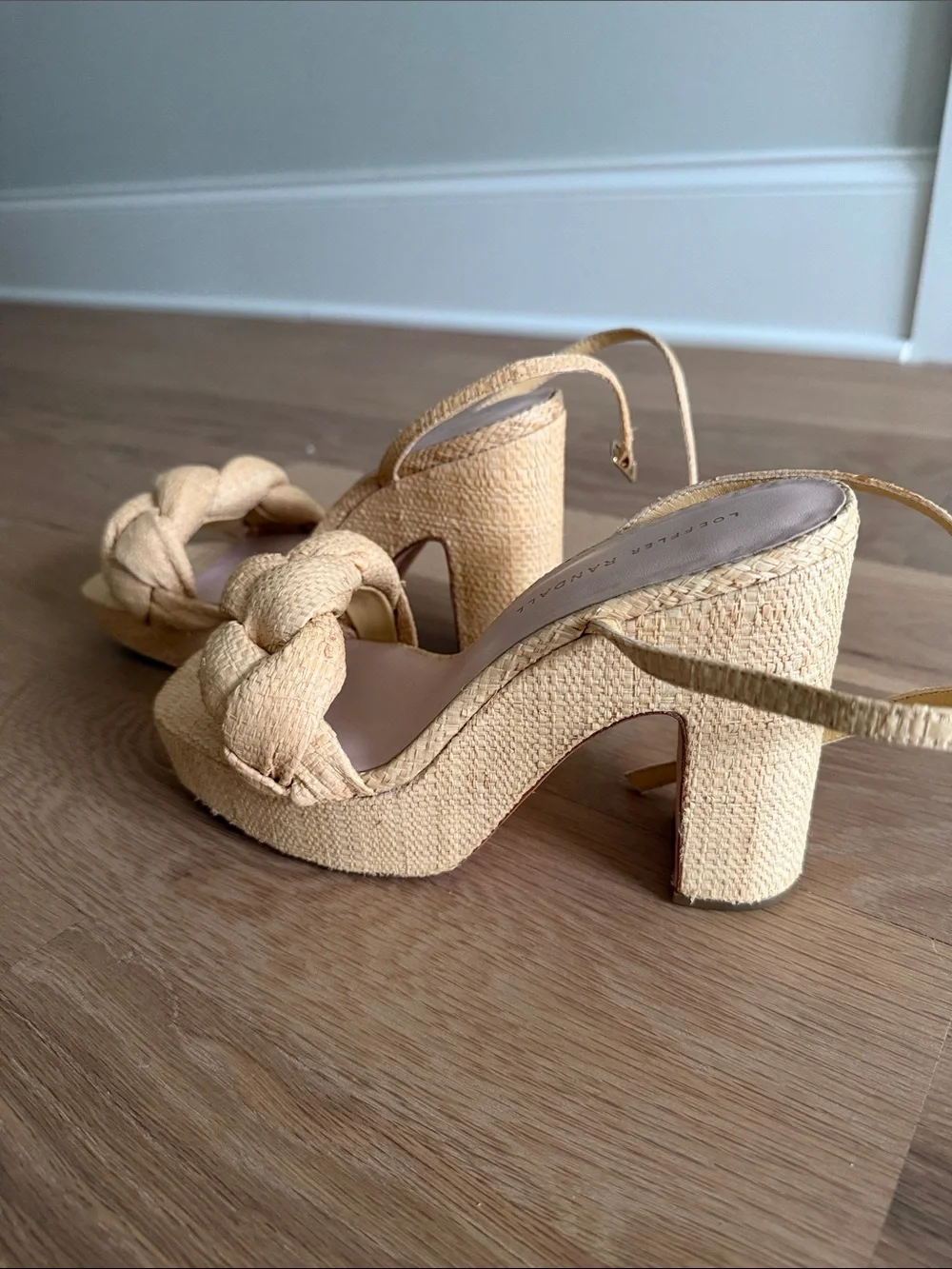 Loeffler Randall Braided Raffia Platform Slingback in Natural Tan
